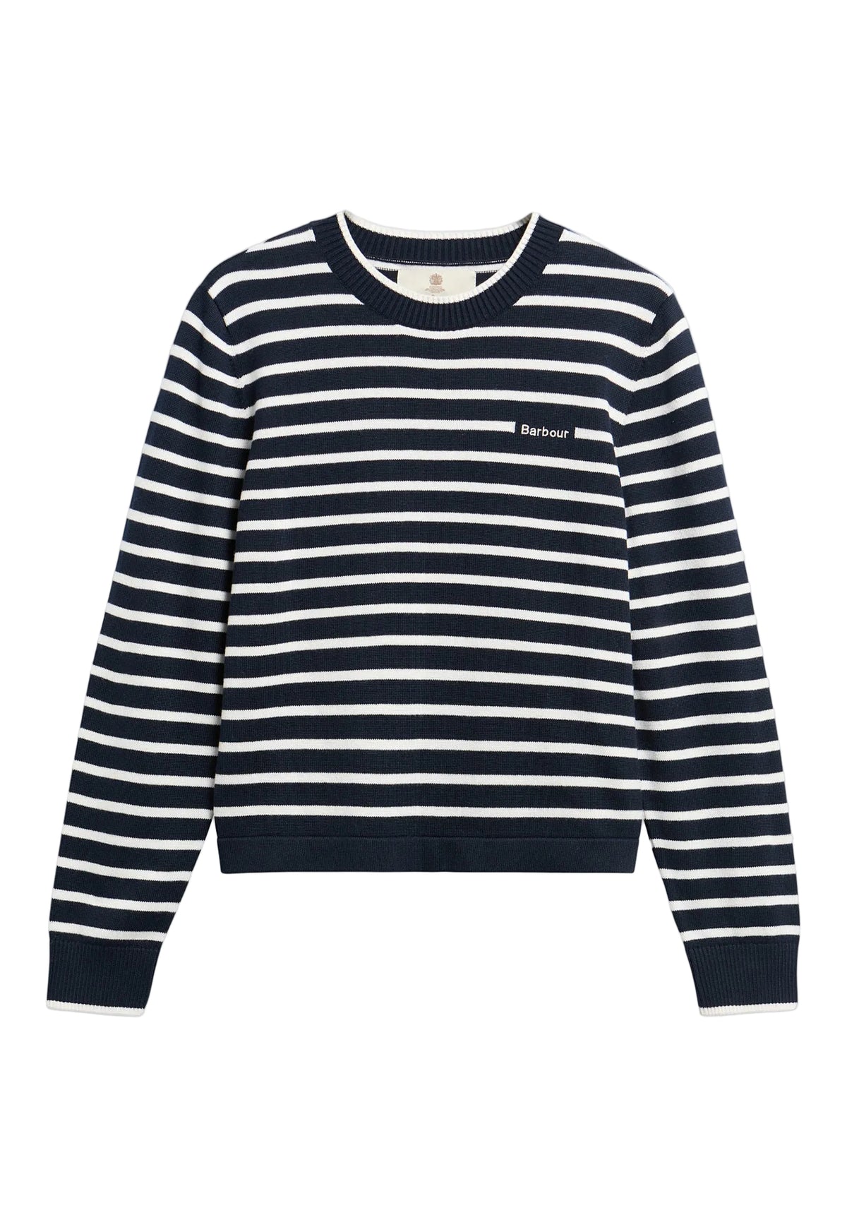 A navy and white horizontally striped crewneck sweater with a small white Barbour logo embroidered on the left chest, displayed on a clean white background.