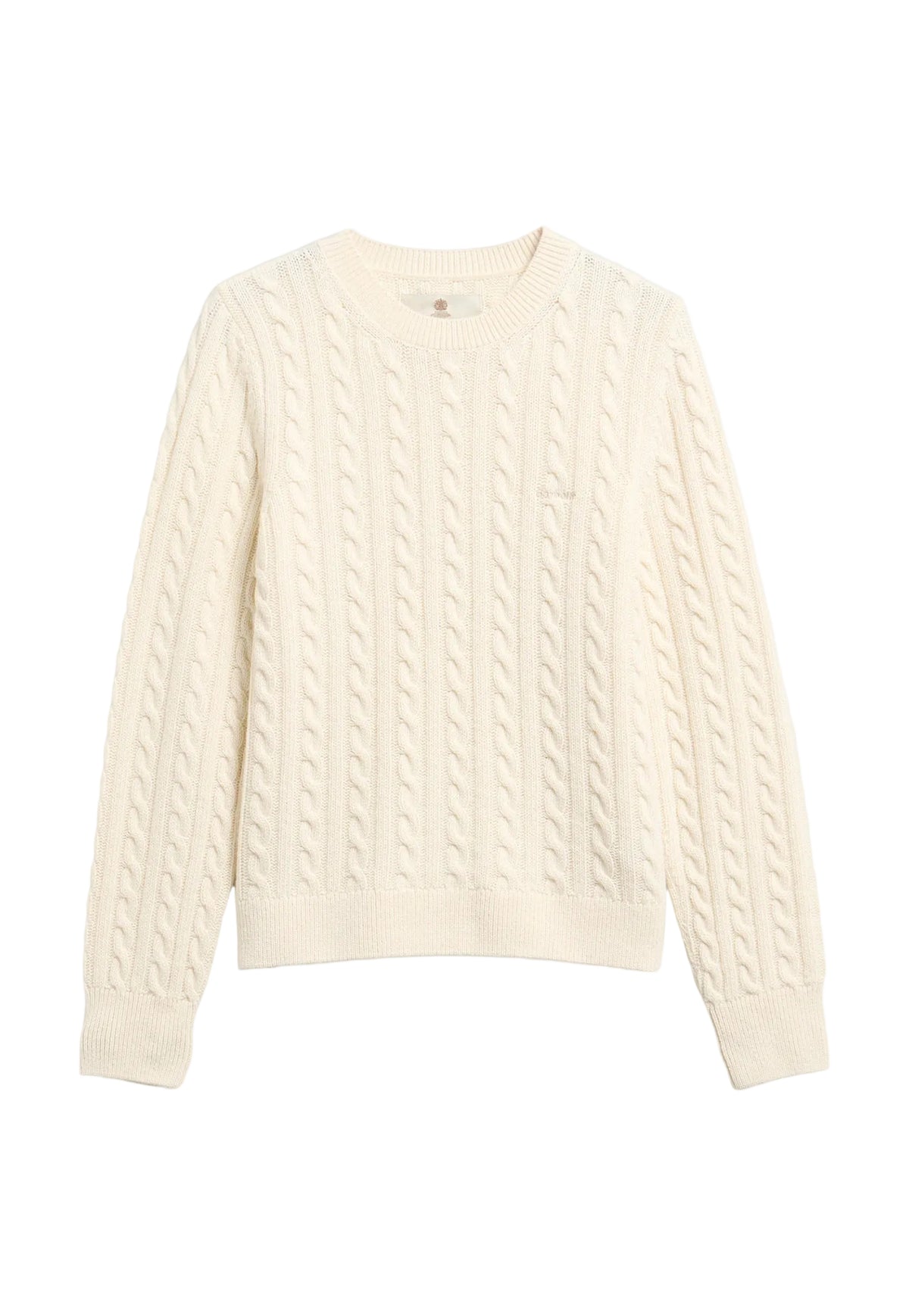 An off-white cable-knit crewneck sweater with a small chest pocket, displayed flat against a light gray background.
