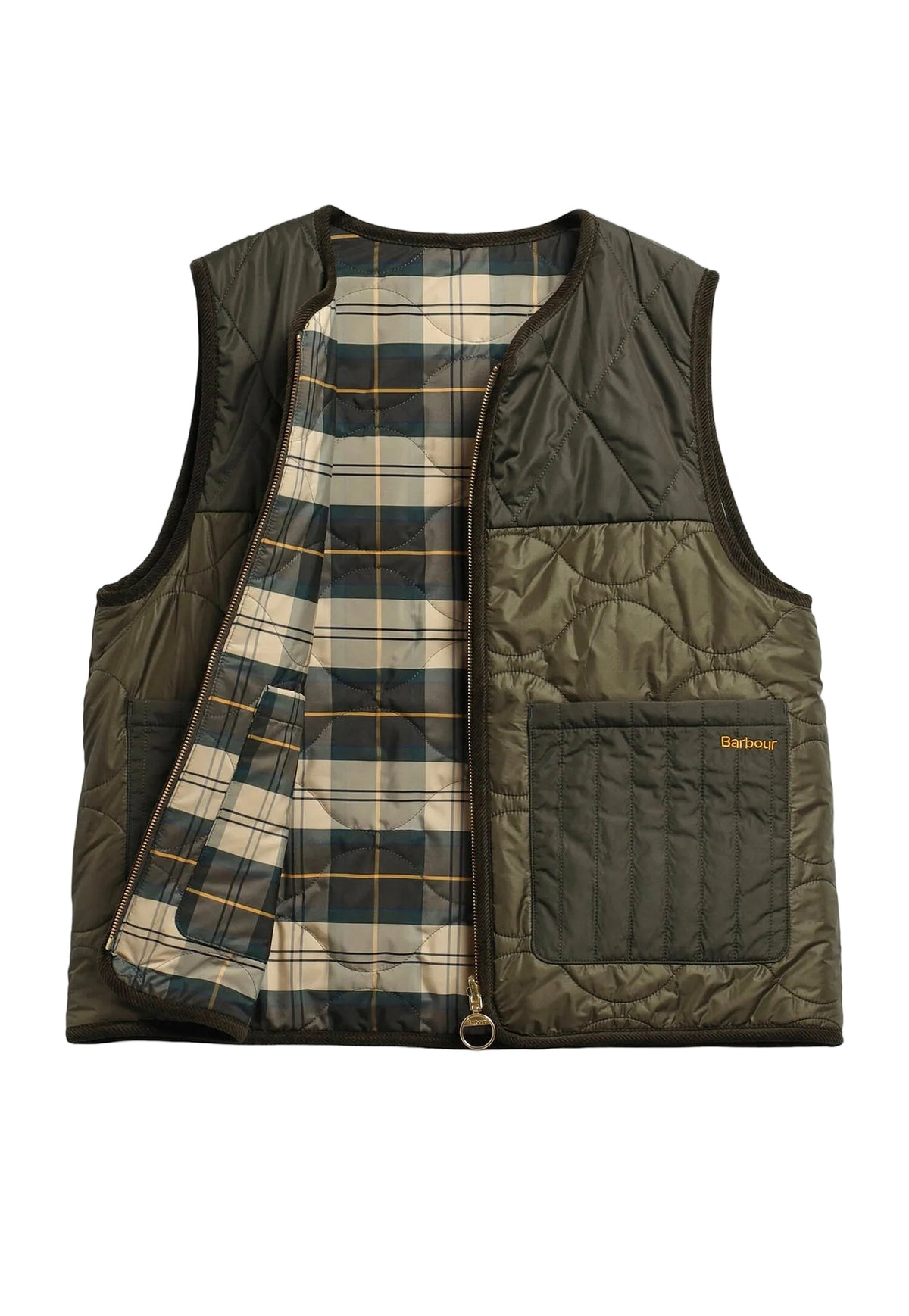 An olive green quilted Barbour vest with a zippered front and a plaid lining, shown flat on a light gray background.