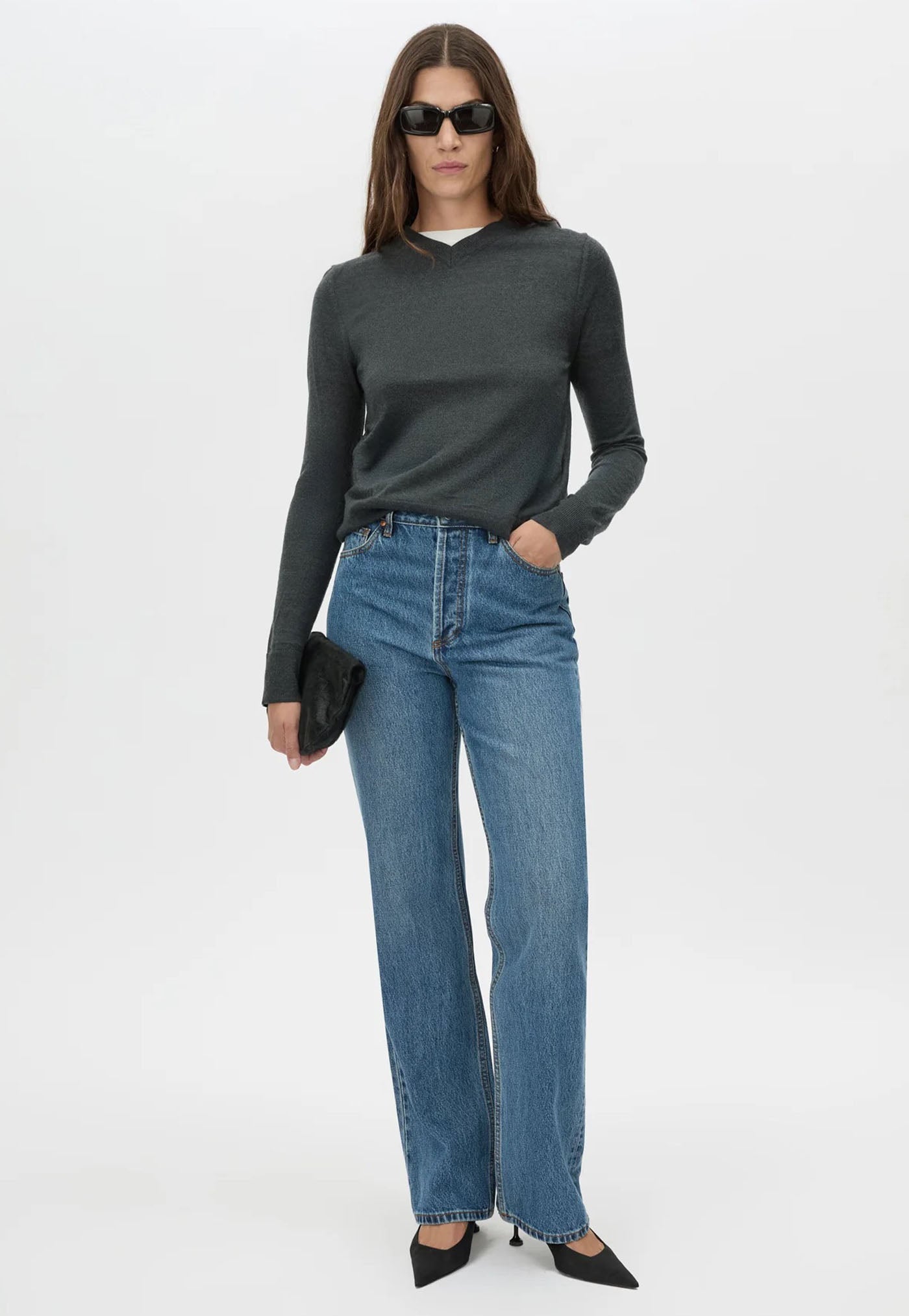 Leona Knit V Neck Sweater - Charcoal Melange