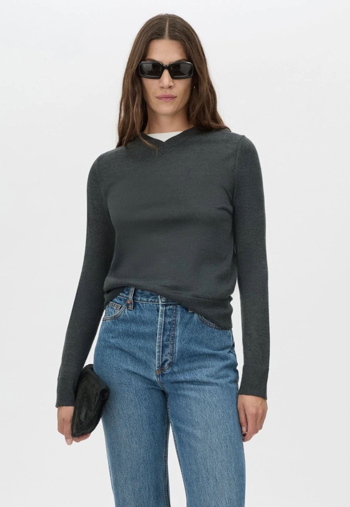 Leona Knit V Neck Sweater - Charcoal Melange