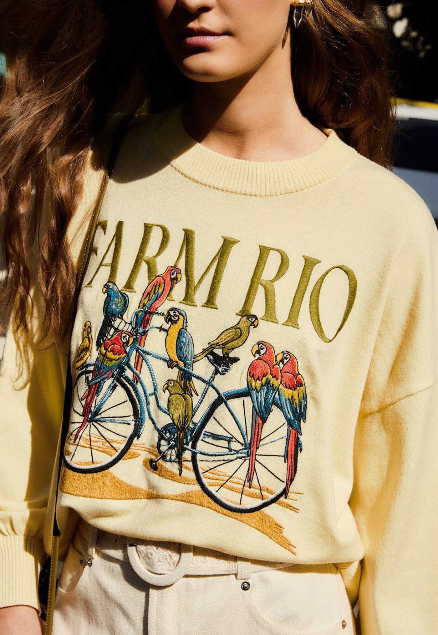 Birds Bicycle Embroidery Sweater - Yellow