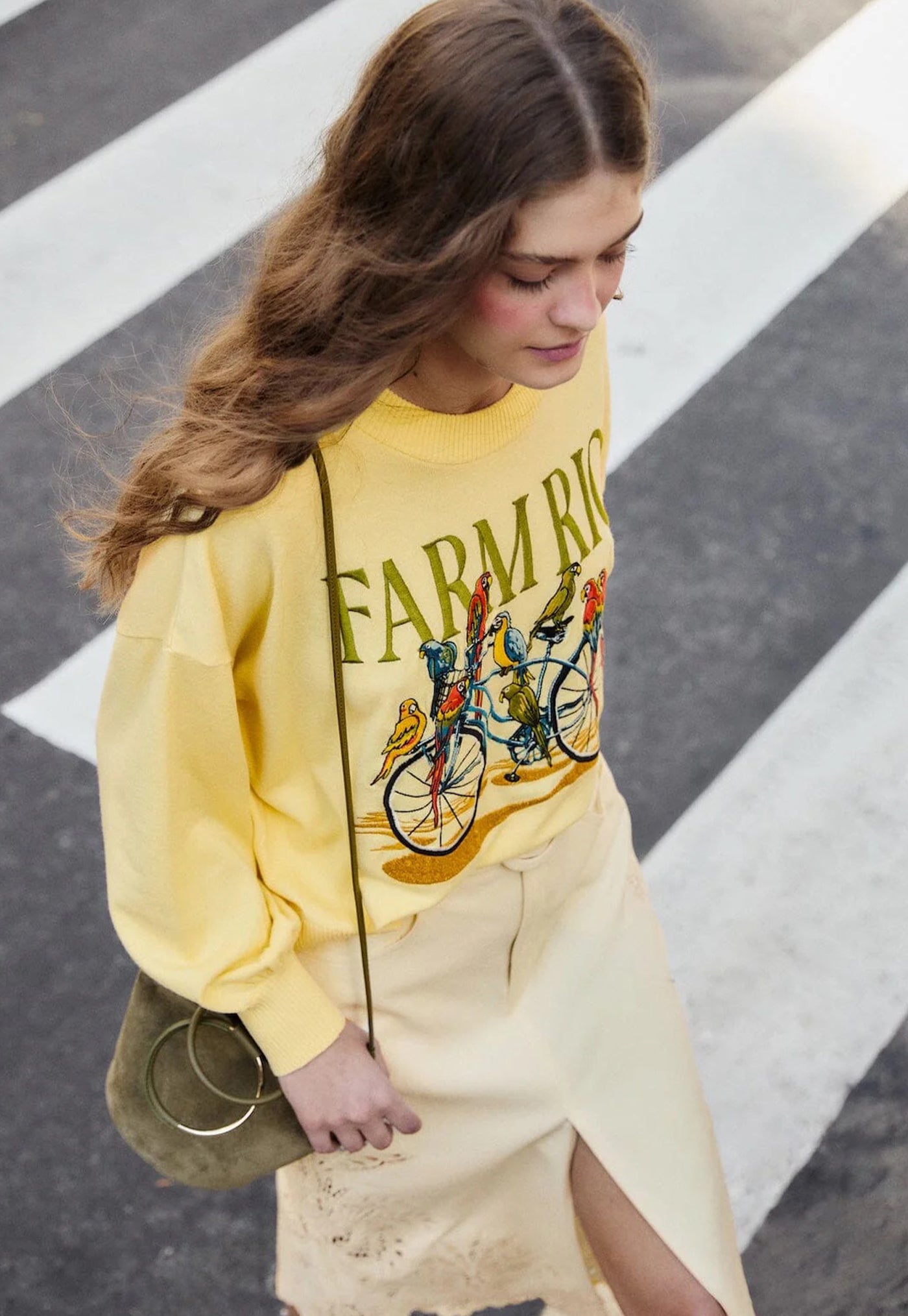 Birds Bicycle Embroidery Sweater - Yellow