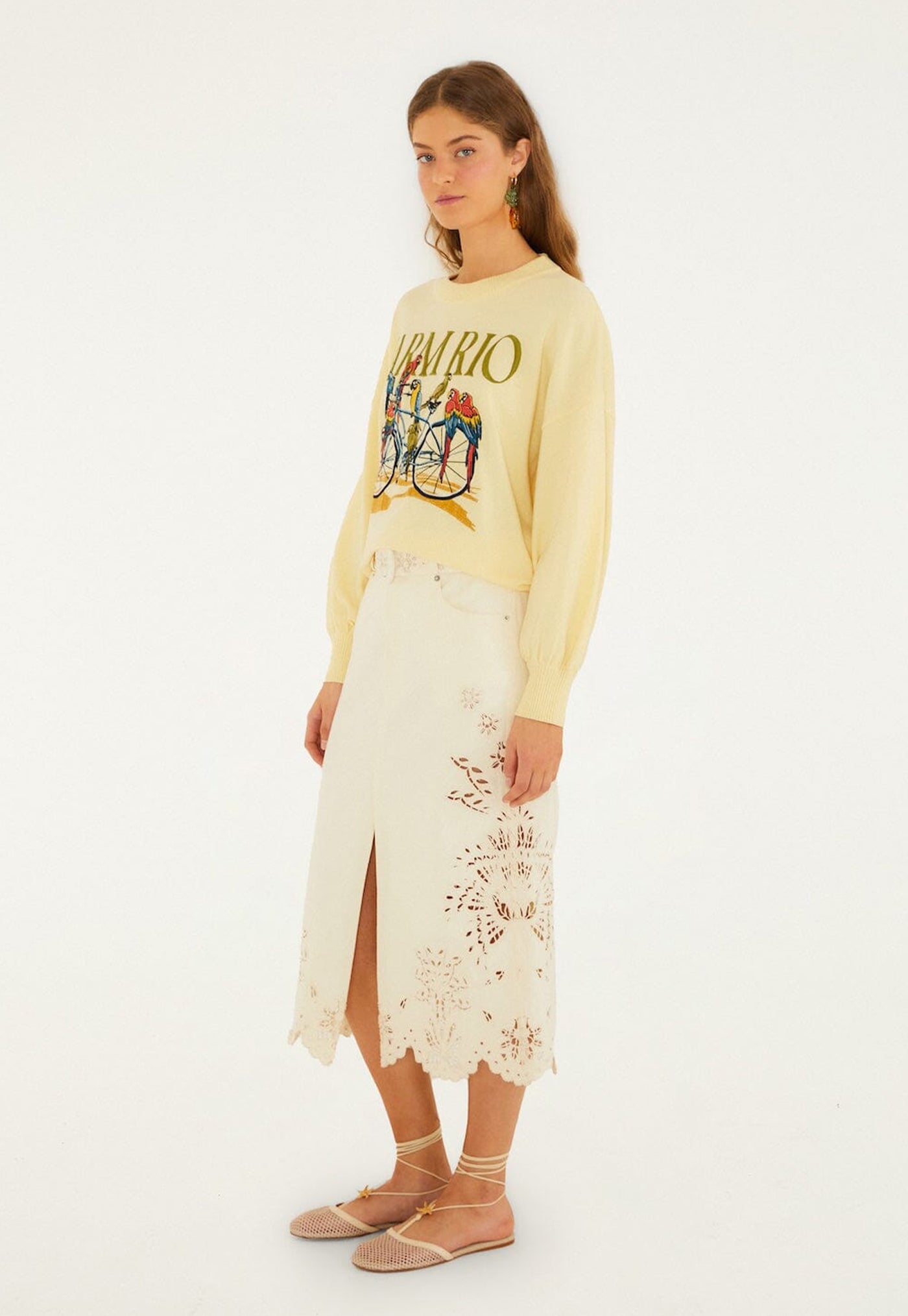 Birds Bicycle Embroidery Sweater - Yellow