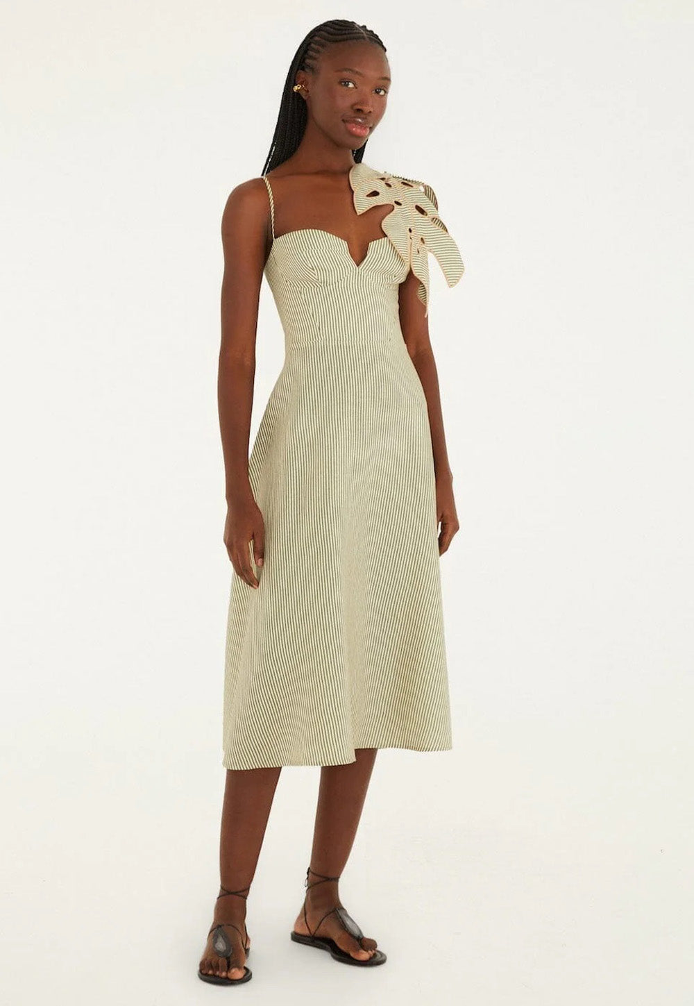 Striped Monstera Leaf Sleeveless Midi Dress - Green