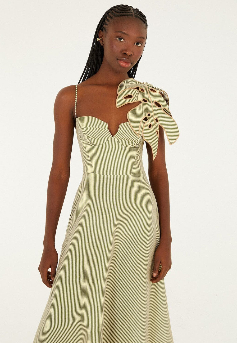 Striped Monstera Leaf Sleeveless Midi Dress - Green