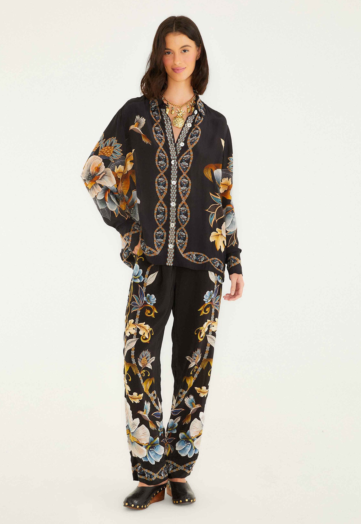 Snake Floral Pajama Shirt - Black