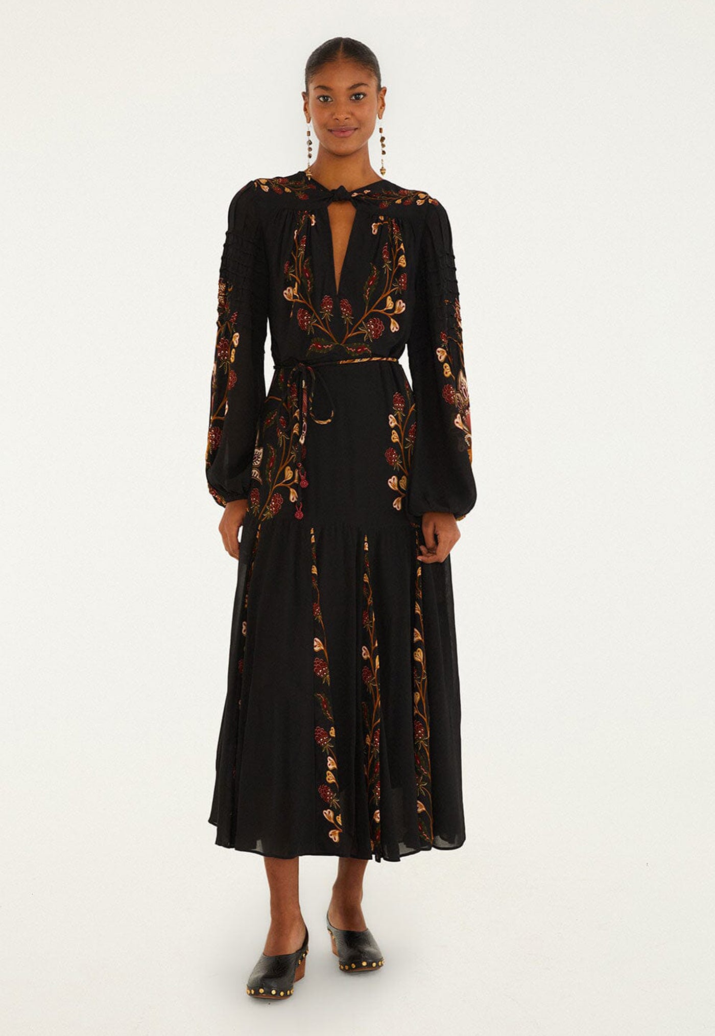 Berry Garden Long Sleeve Pleated Maxi Dress - Black