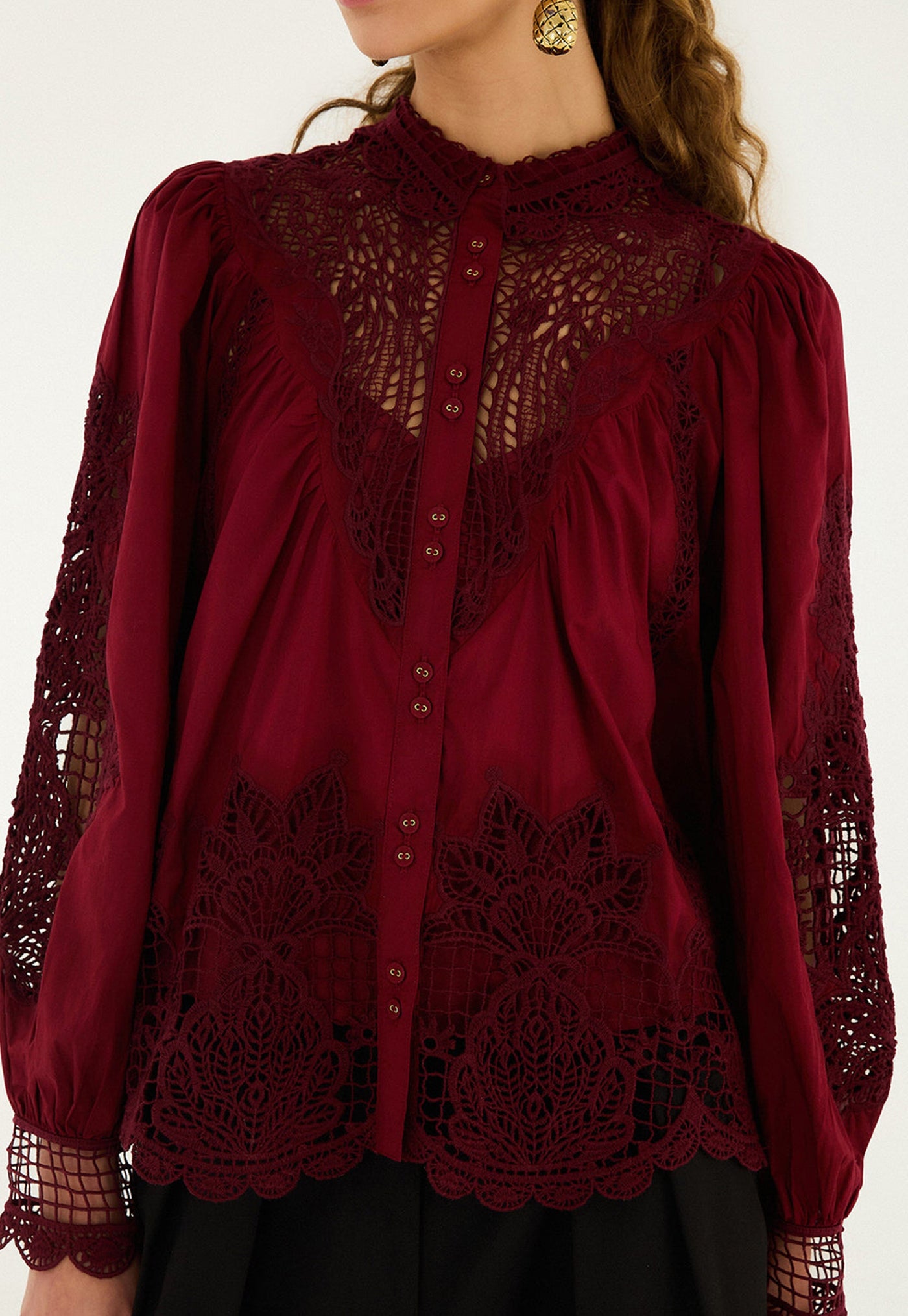 Berry Garden Guipure Blouse - Burgundy