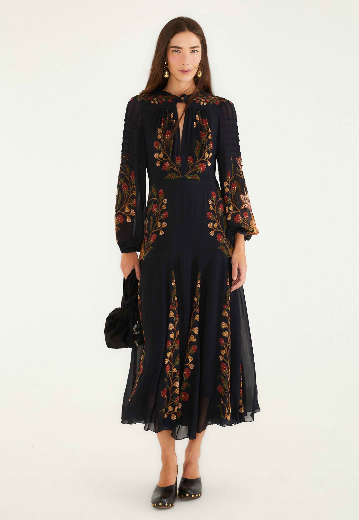 Berry Garden Long Sleeve Pleated Maxi Dress - Black
