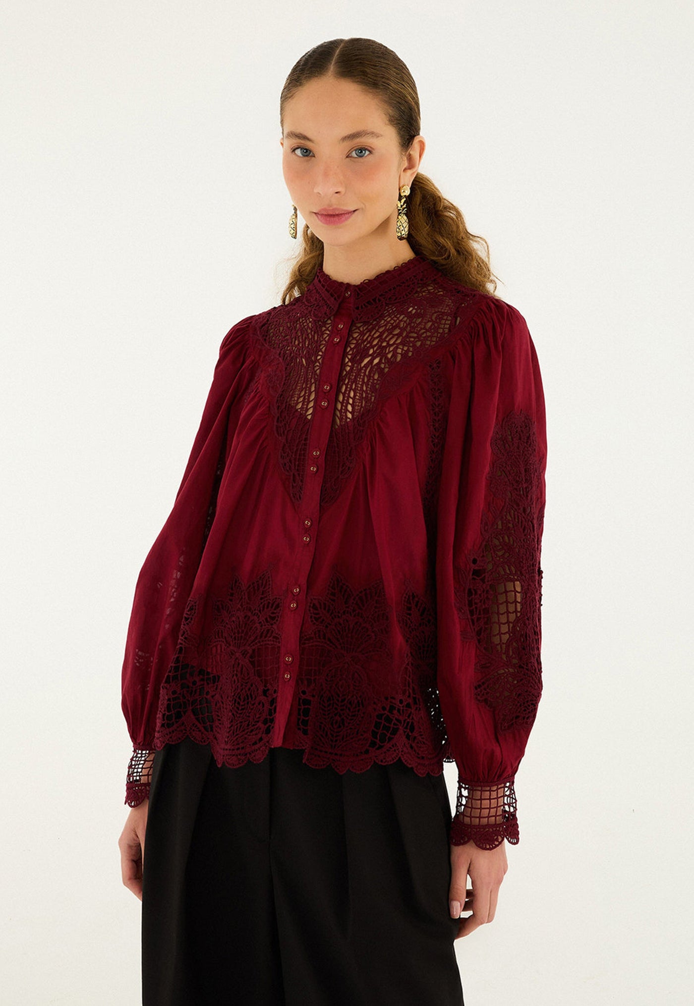 Berry Garden Guipure Blouse - Burgundy