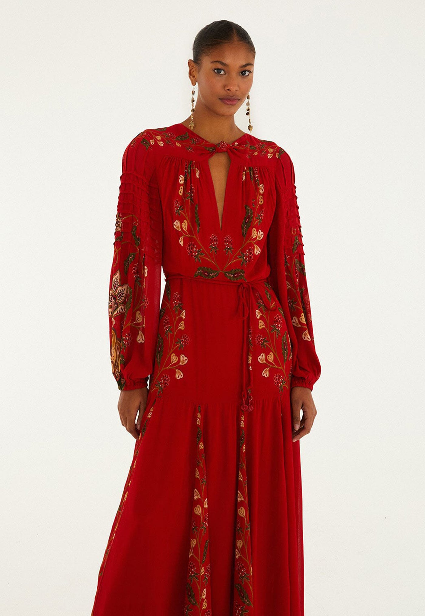 Berry Garden Long Sleeve Pleated Maxi Dress - Red