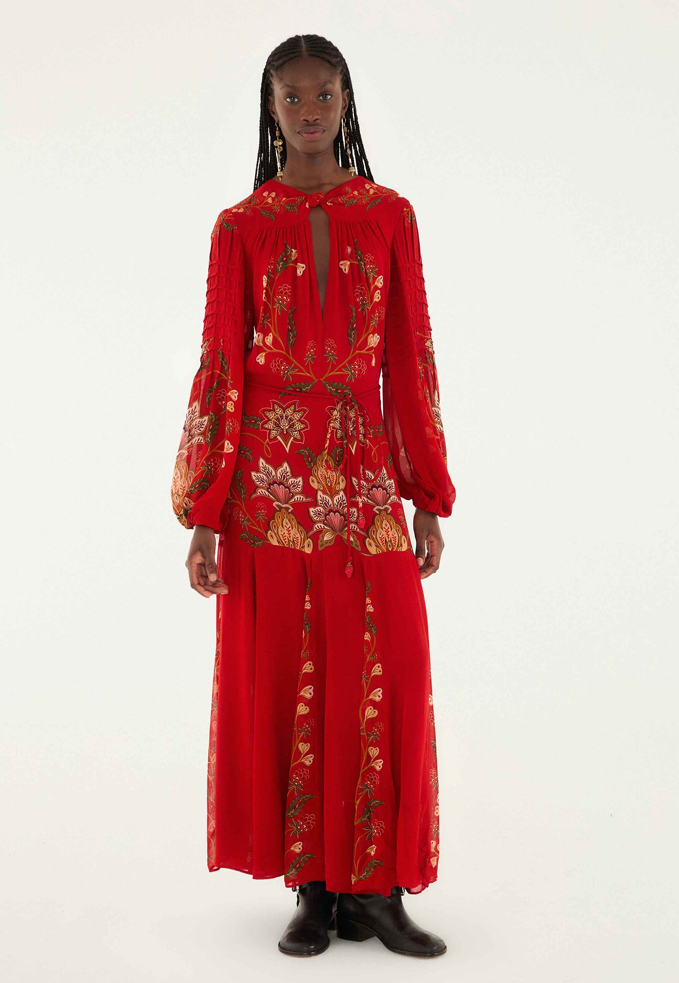 Berry Garden Long Sleeve Pleated Maxi Dress - Red