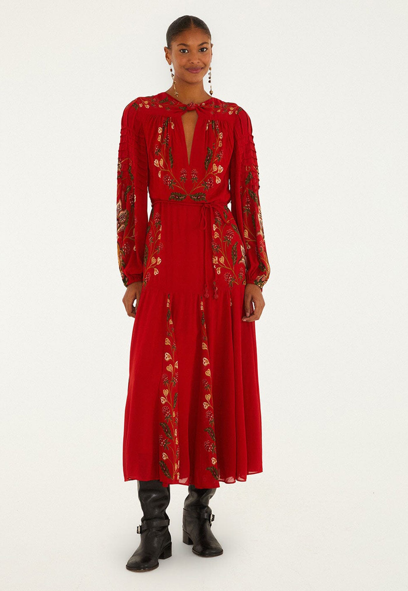 Berry Garden Long Sleeve Pleated Maxi Dress - Red