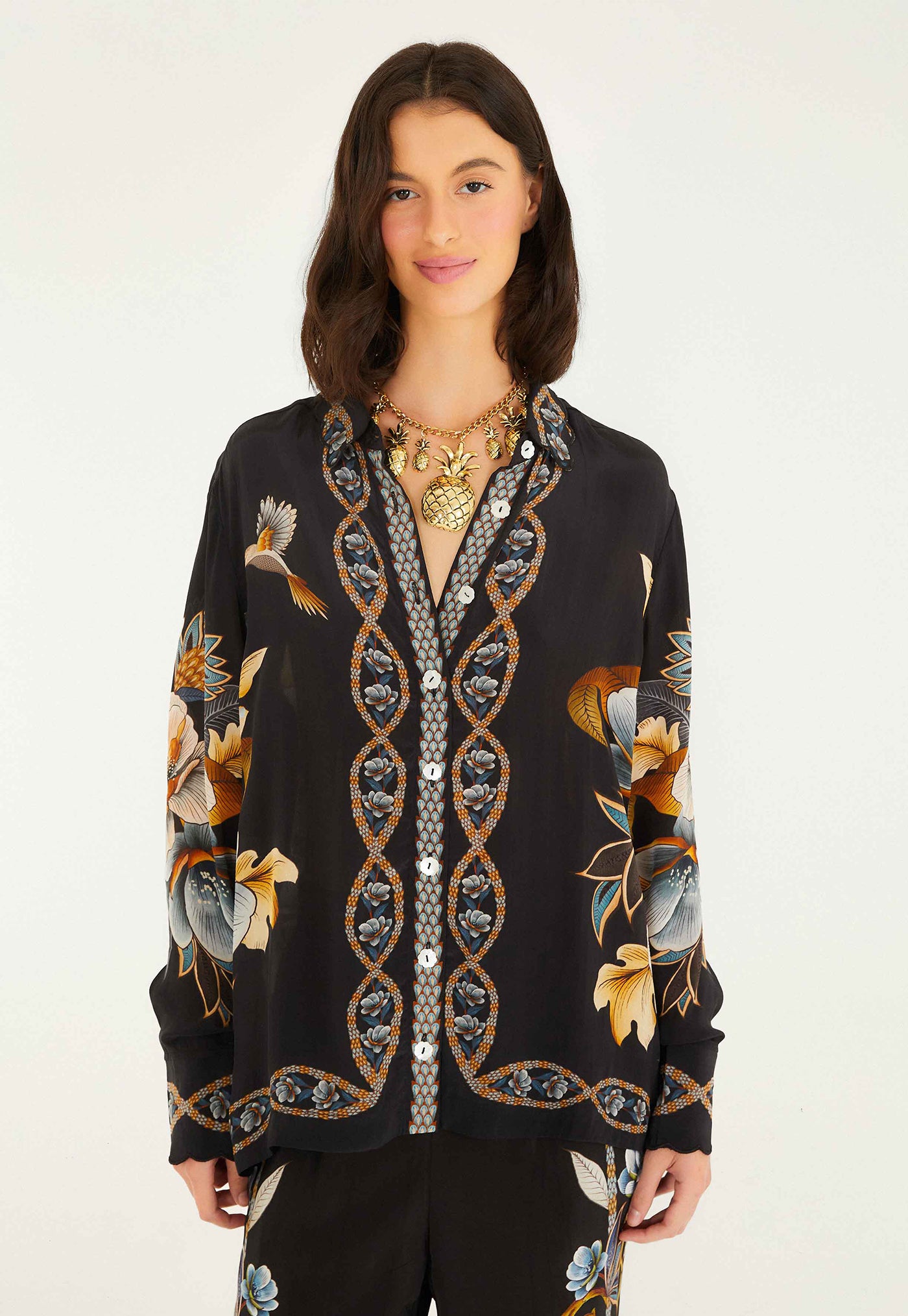 Snake Floral Pajama Shirt - Black