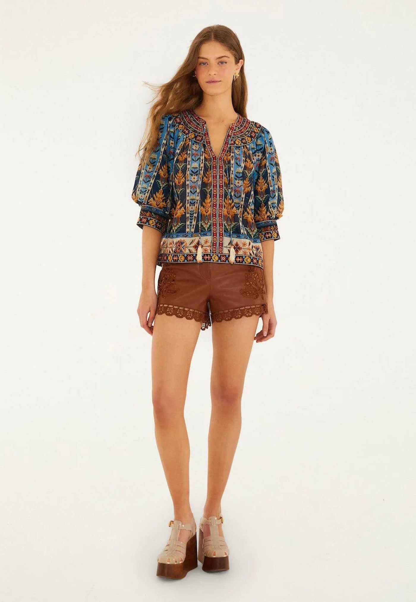 Short Sleeve Blouse - Embroidered Tapestry Blue
