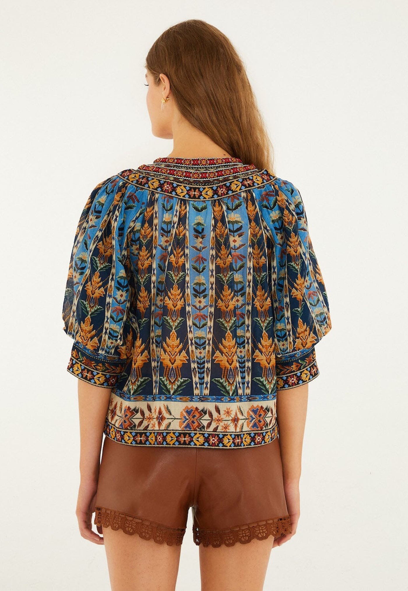 Short Sleeve Blouse - Embroidered Tapestry Blue