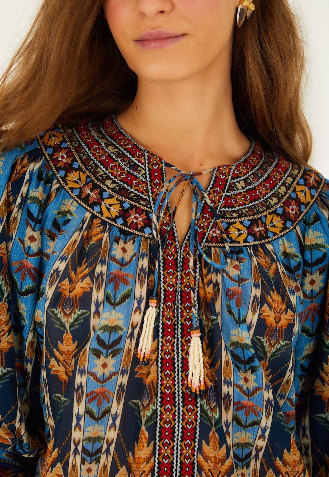 Short Sleeve Blouse - Embroidered Tapestry Blue