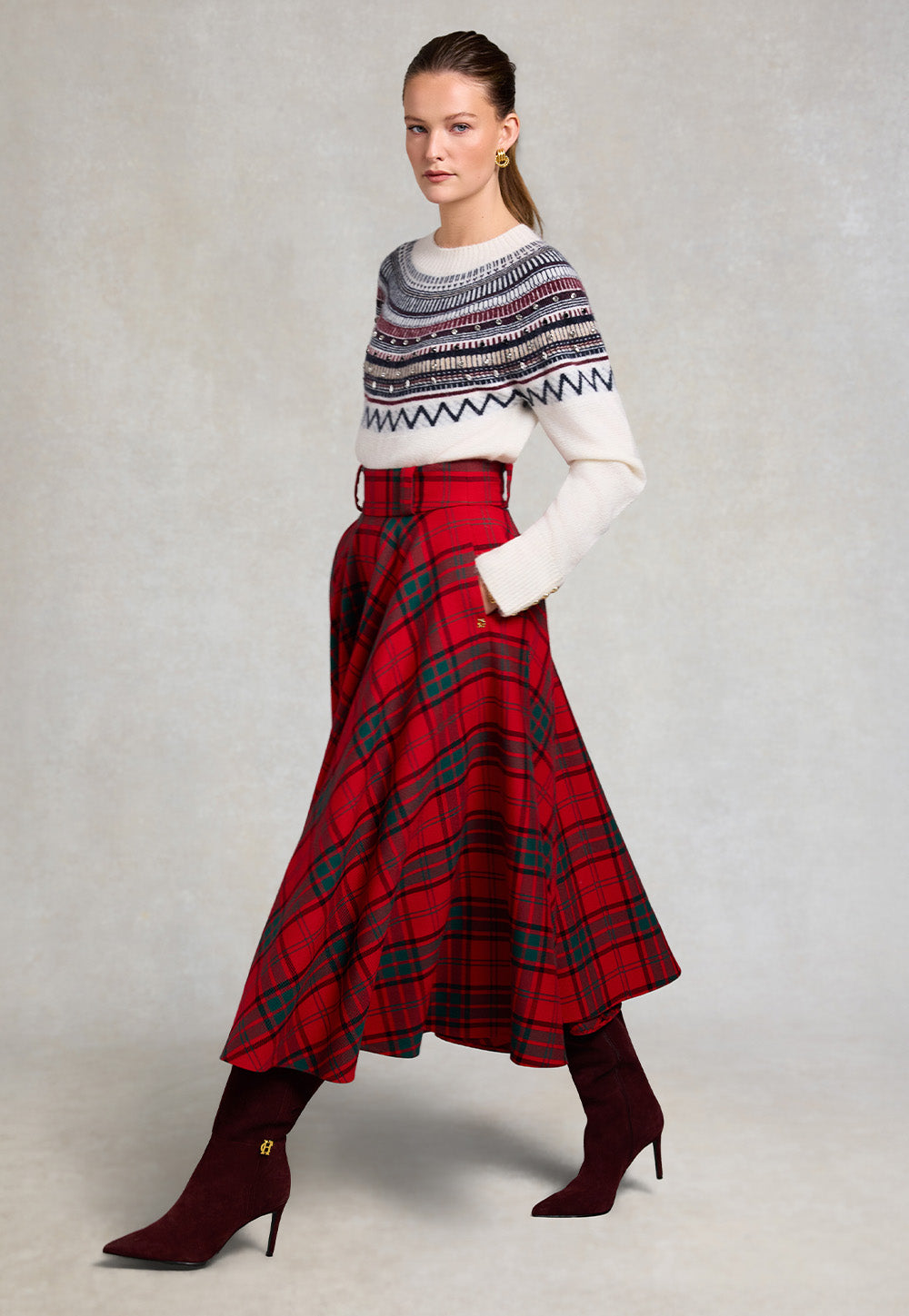 360 Maxi Tweed Circle Skirt - Red Tartan