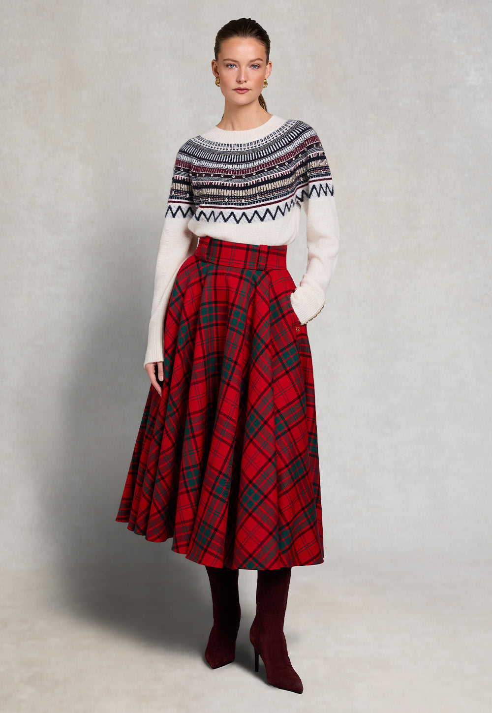 360 Maxi Tweed Circle Skirt - Red Tartan