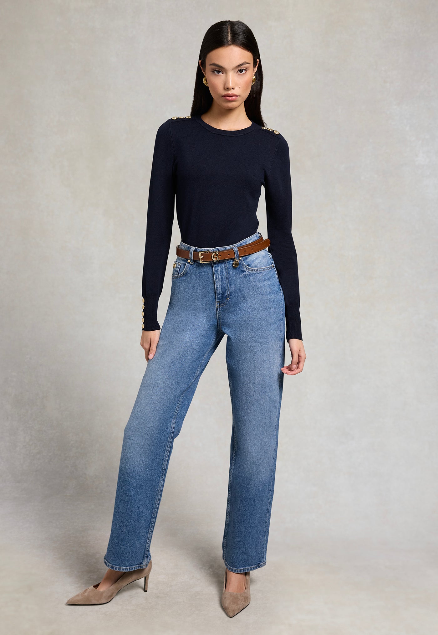 Buttoned Knit Crew Neck - Ink Navy