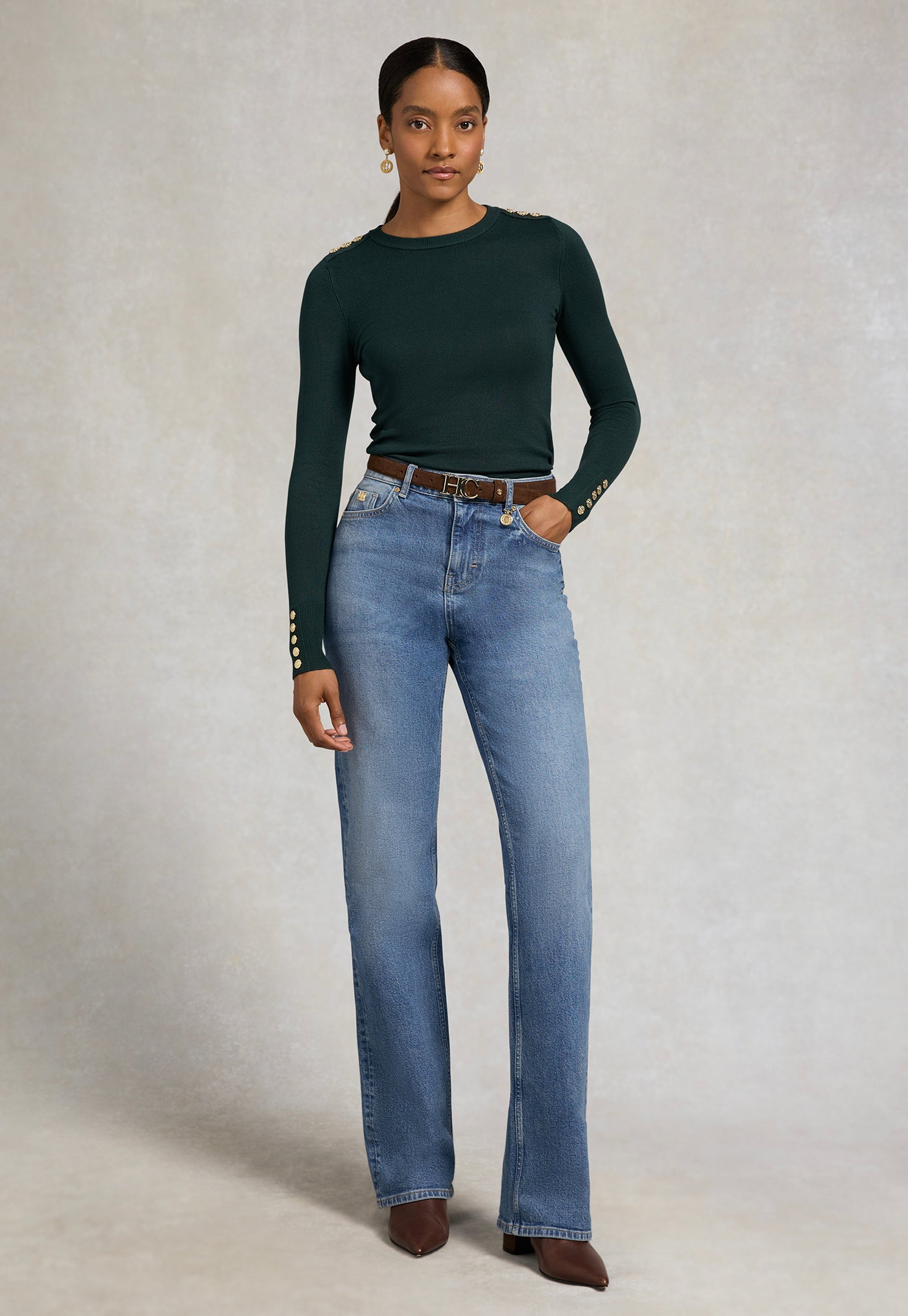 Buttoned Knit Crew Neck - Emerald