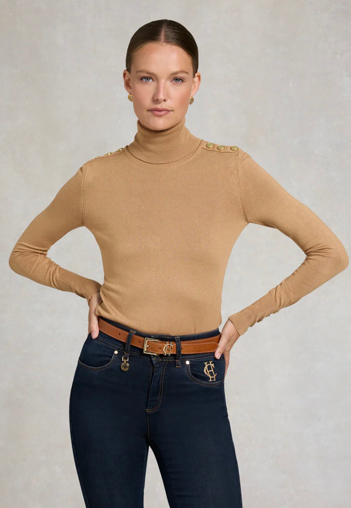 Buttoned Knit Roll Neck - Dark Camel