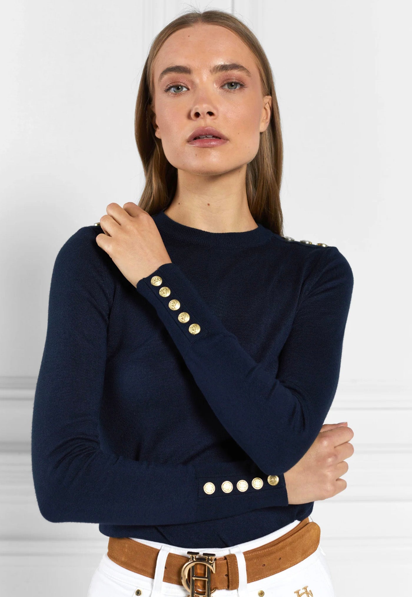 Buttoned Knit Crew Neck - Ink Navy sold by Angel Divine