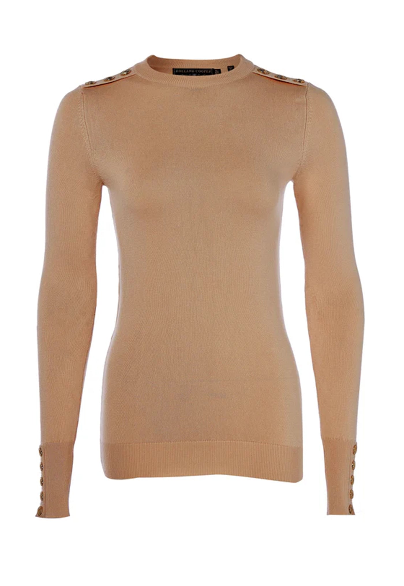 Buttoned Knit Crew Neck - Dark Camel