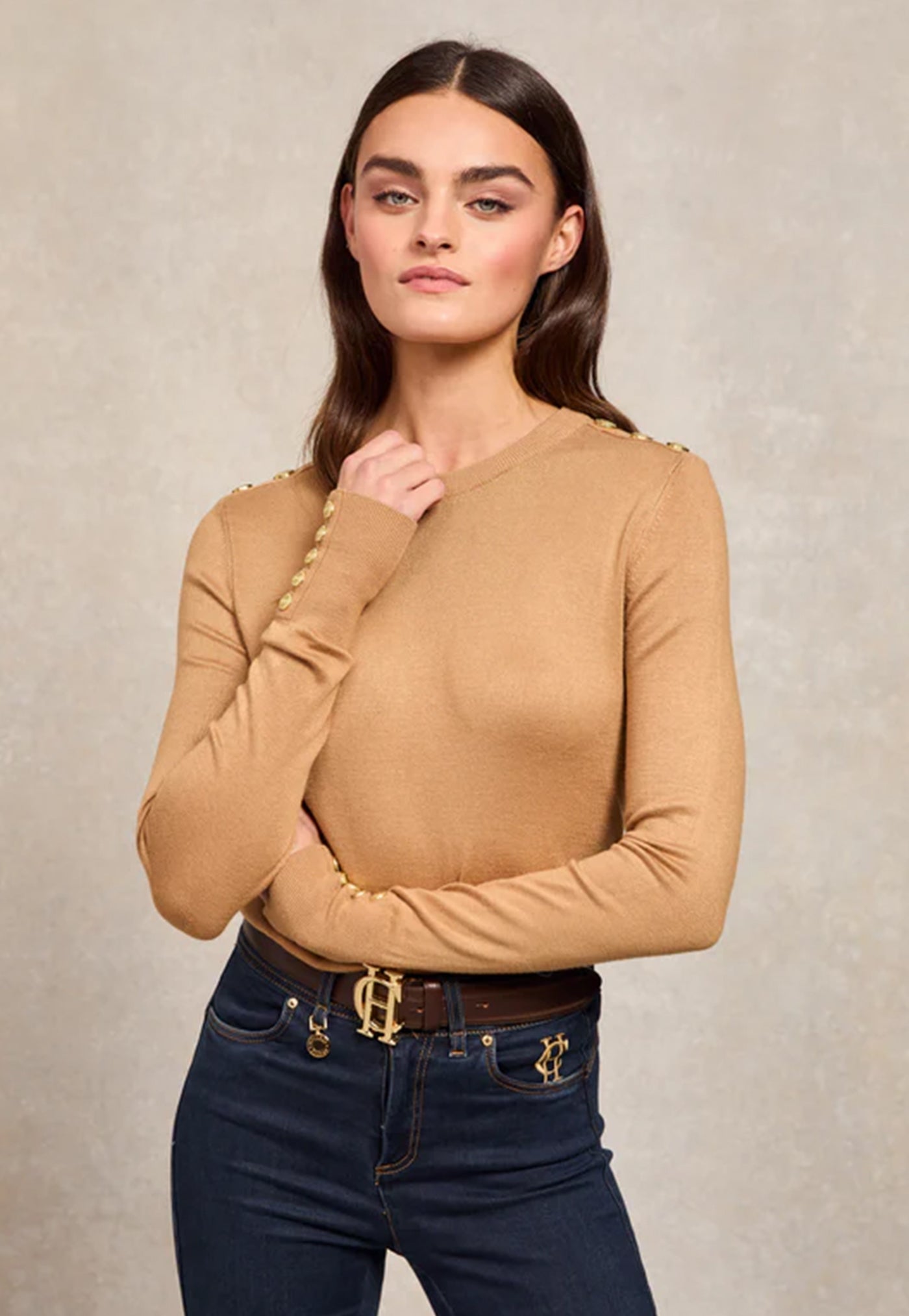 Buttoned Knit Crew Neck - Dark Camel