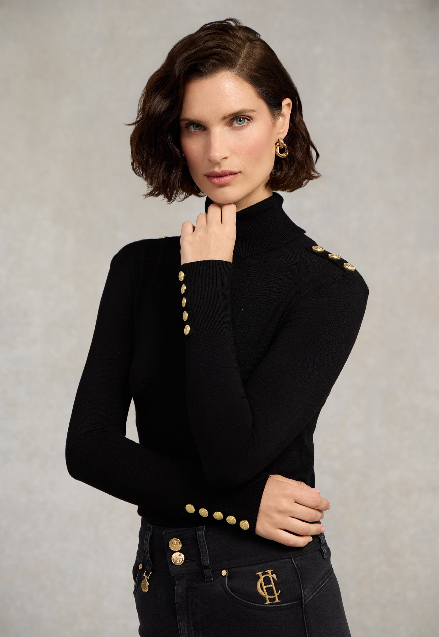 Buttoned Knit Roll Neck - Black