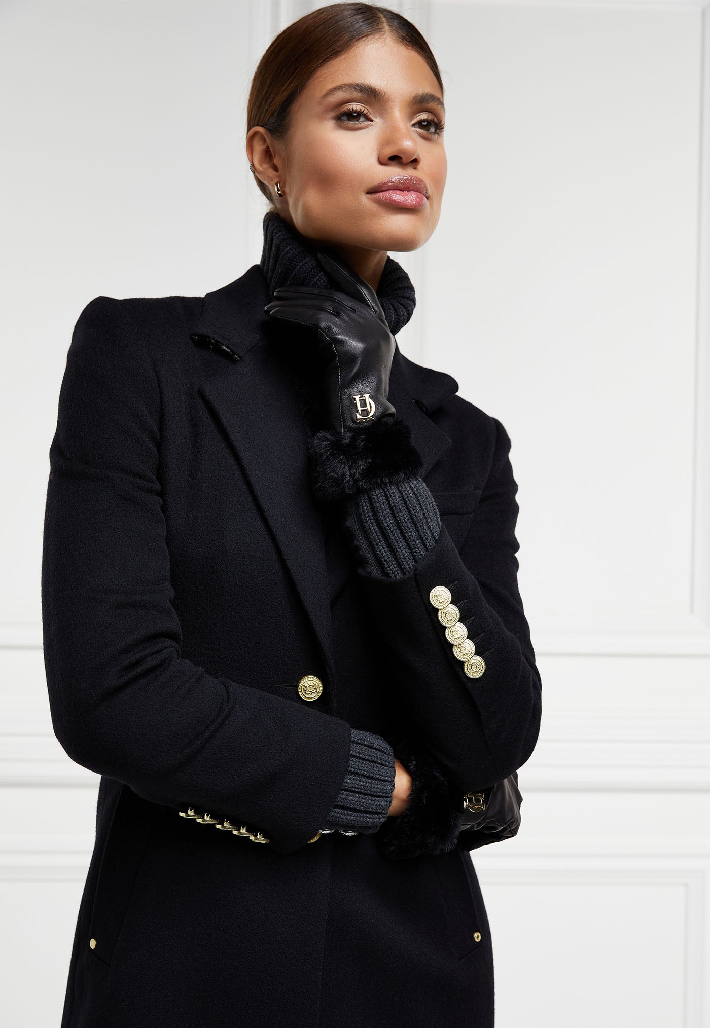 Cashmere Lined Faux Trim Leather Gloves - Black