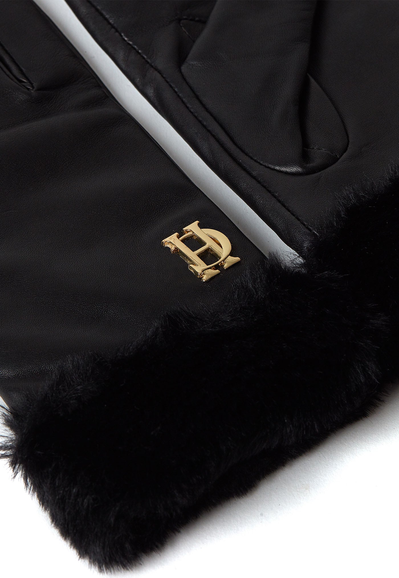 Cashmere Lined Faux Trim Leather Gloves - Black