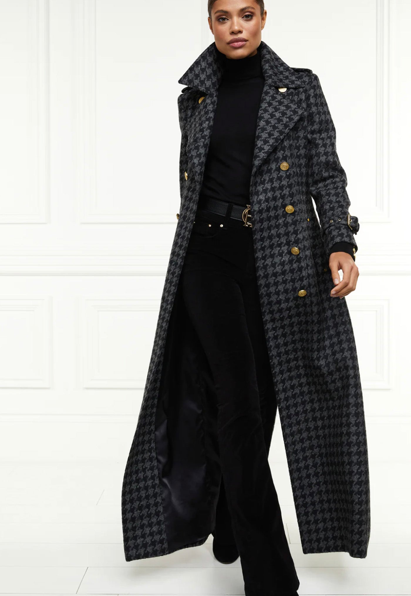 Chelsea Trench Coat Full Length - Charcoal Houndstooth sold by Angel Divine