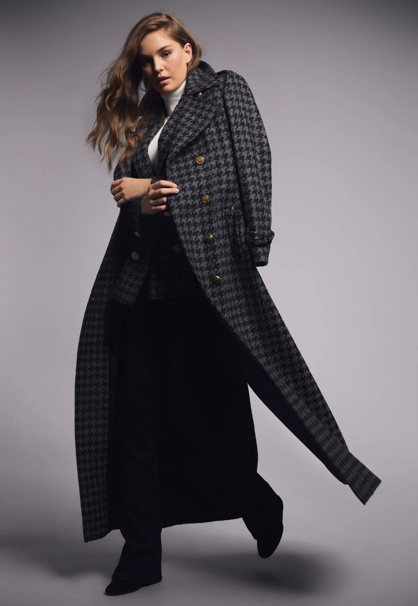 Chelsea Trench Coat Full Length - Charcoal Houndstooth sold by Angel Divine