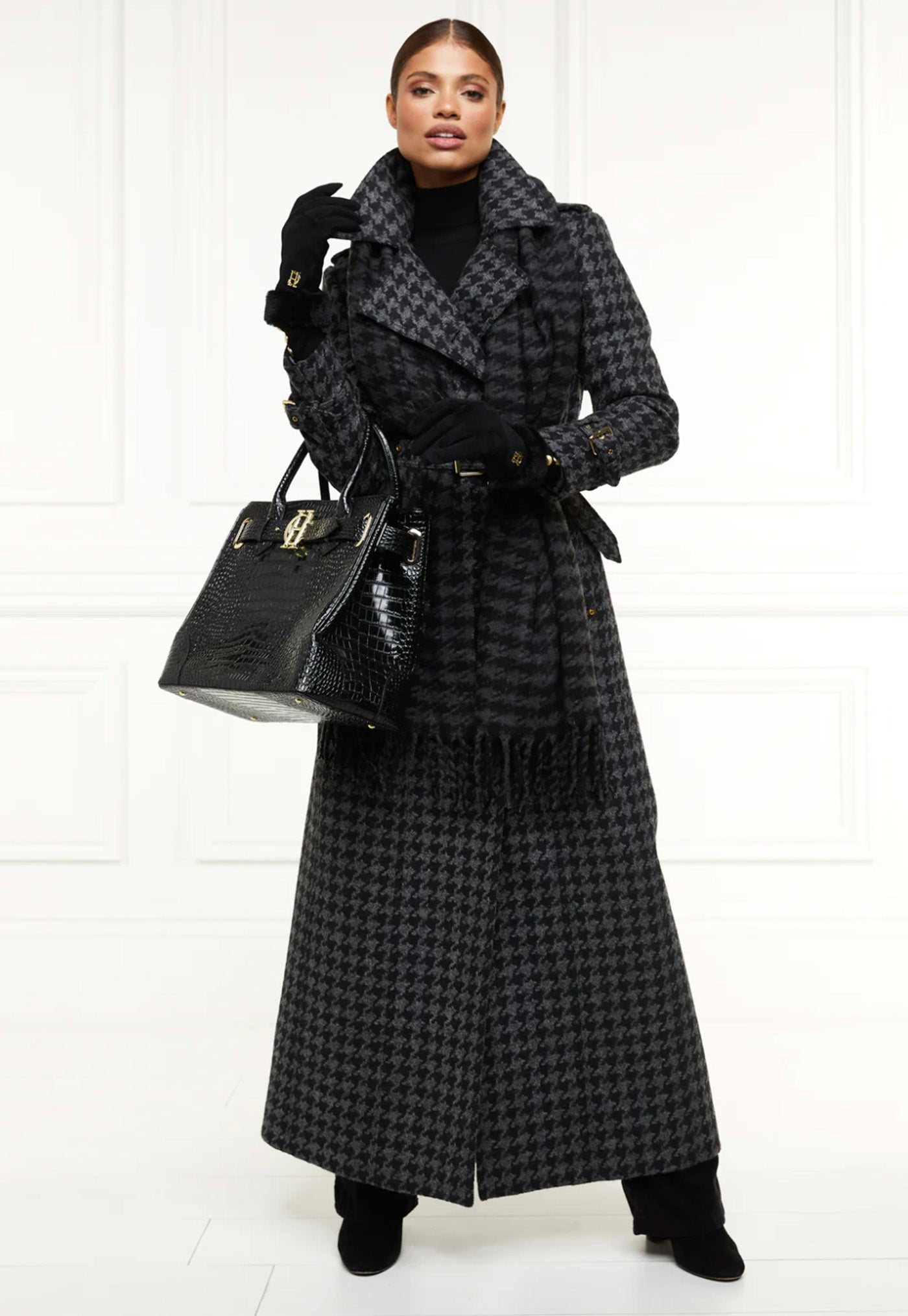 Chelsea Trench Coat Full Length - Charcoal Houndstooth sold by Angel Divine