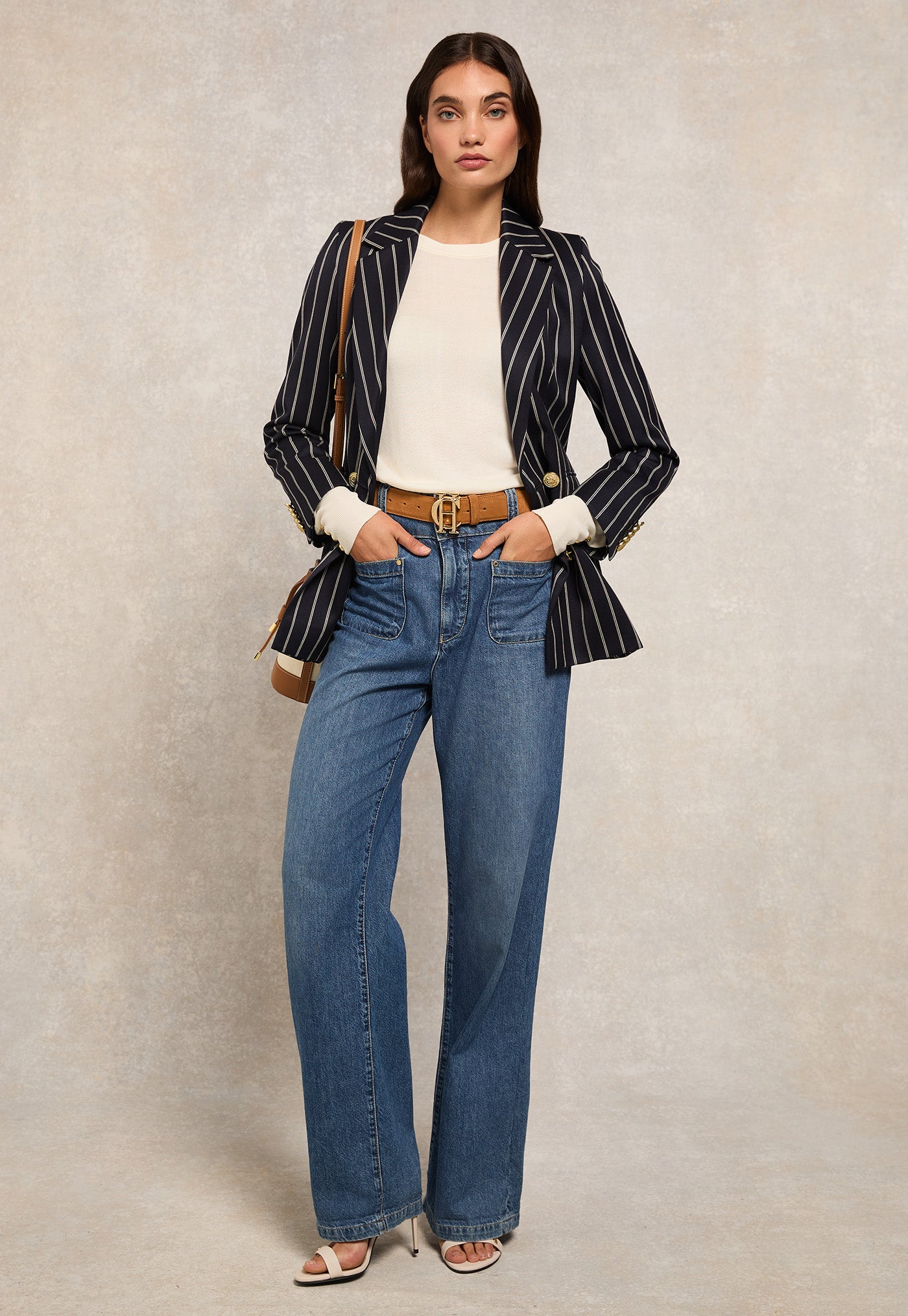 Double Breasted Blazer - Ink Navy Wide Stripe