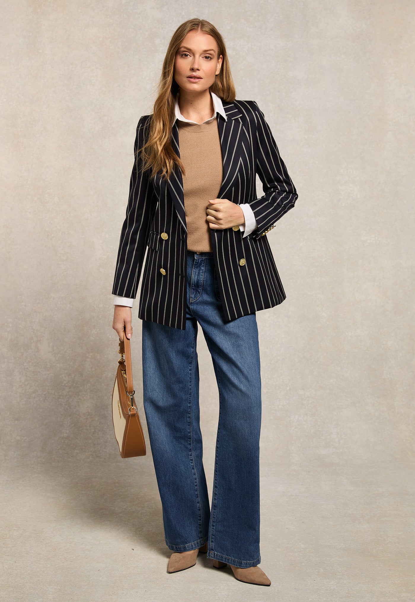 Double Breasted Blazer - Ink Navy Wide Stripe