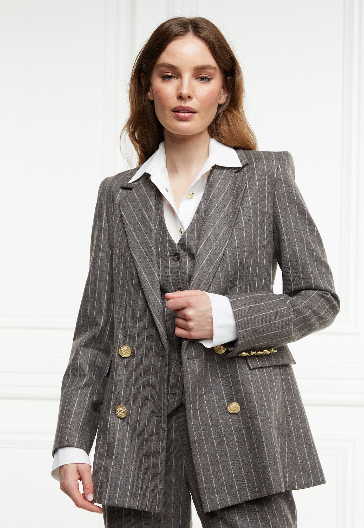 Double Breasted Blazer - Soft Grey Pinstripe