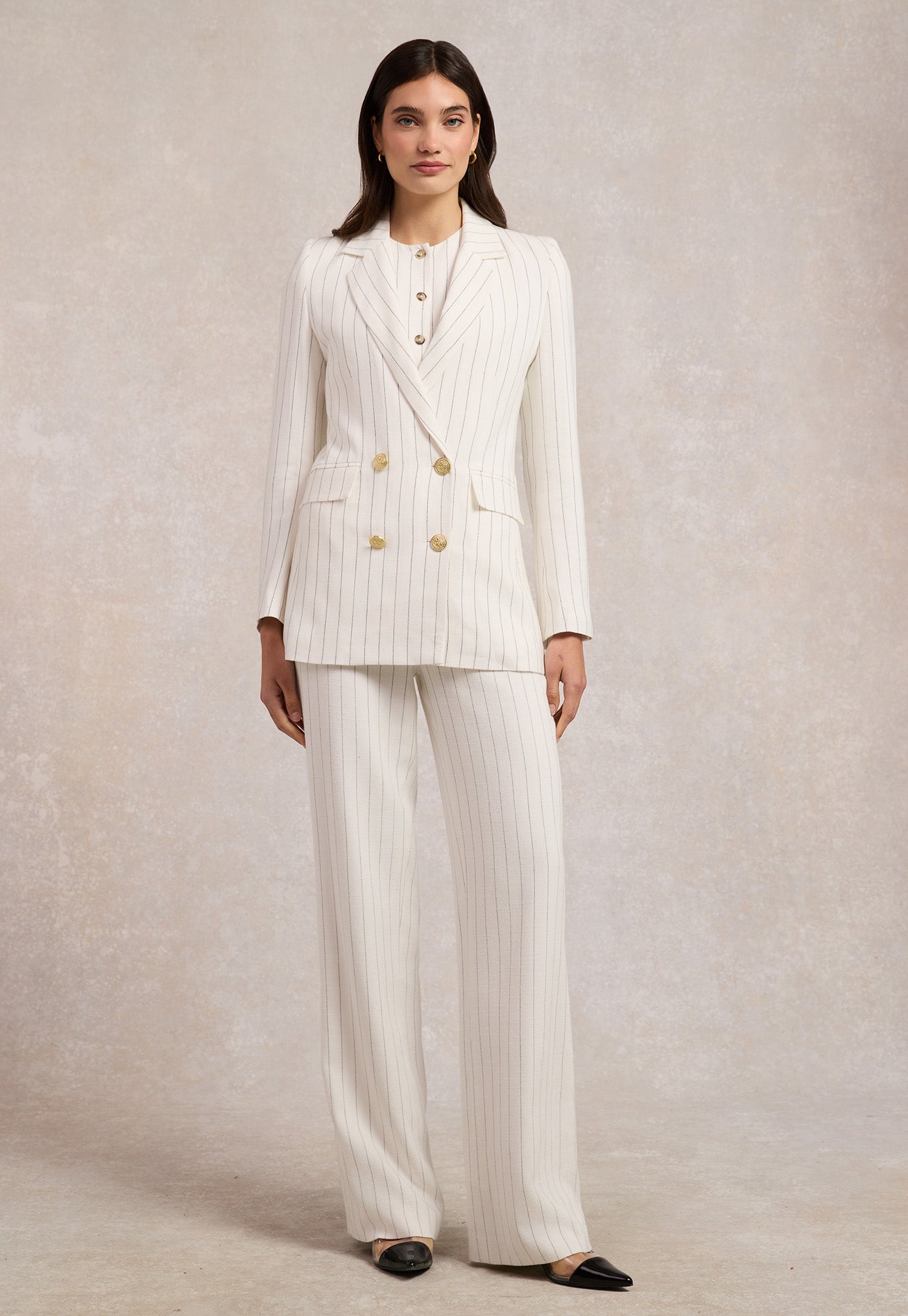 Double Breasted Blazer - Oyster Linen Pinstripe