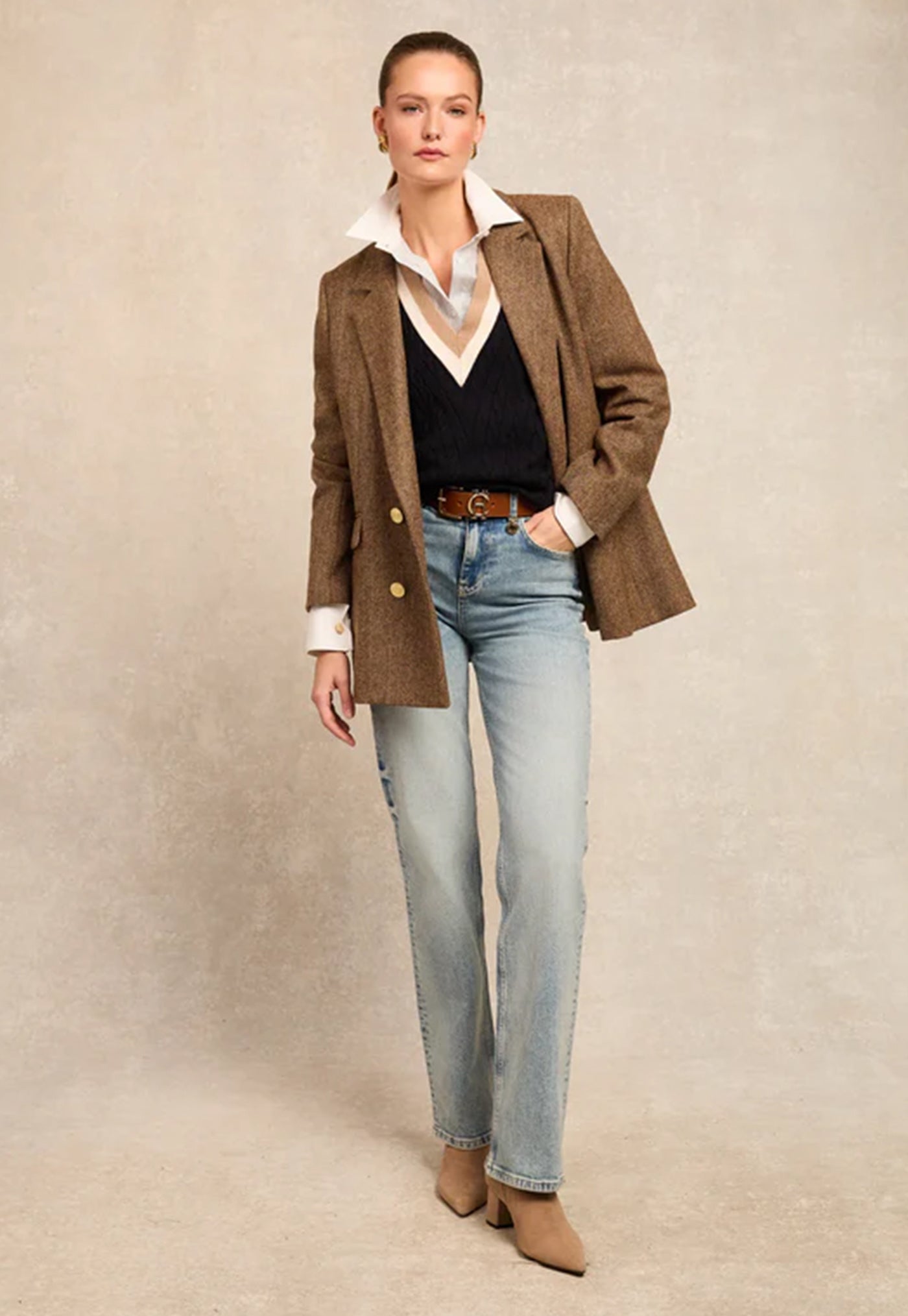 Double Breasted Blazer - Large Scale Brown Herringbone