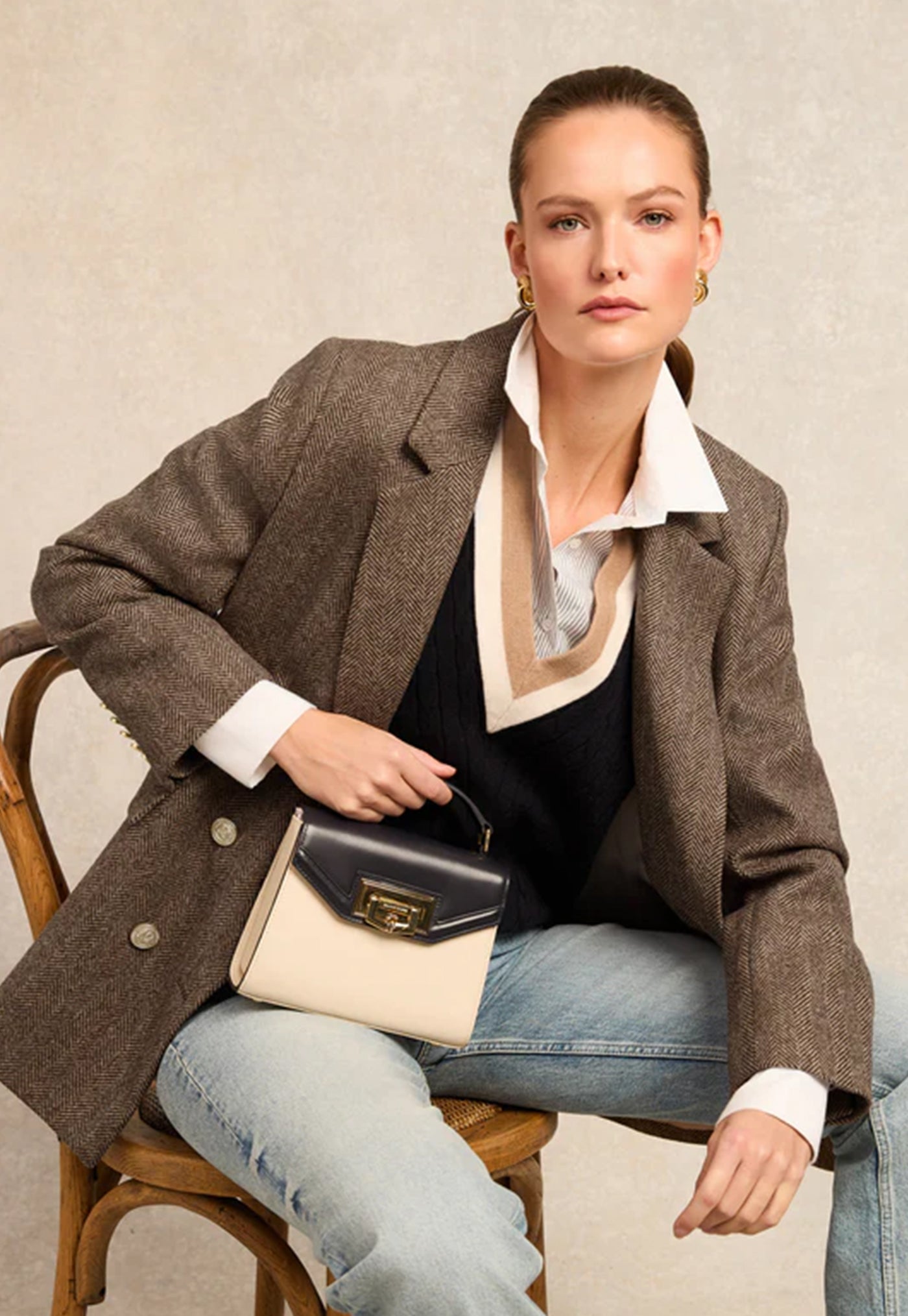 Double Breasted Blazer - Large Scale Brown Herringbone