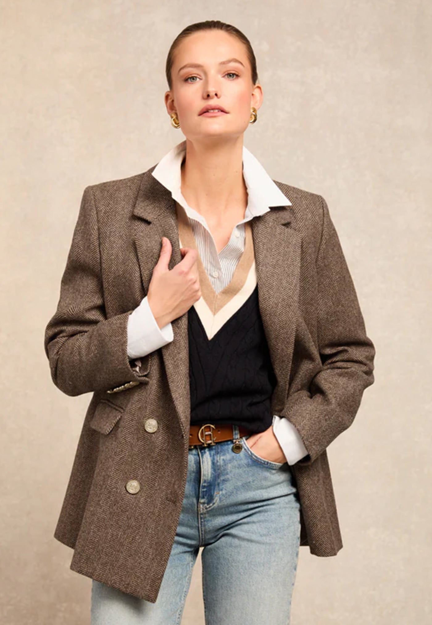 Double Breasted Blazer - Large Scale Brown Herringbone