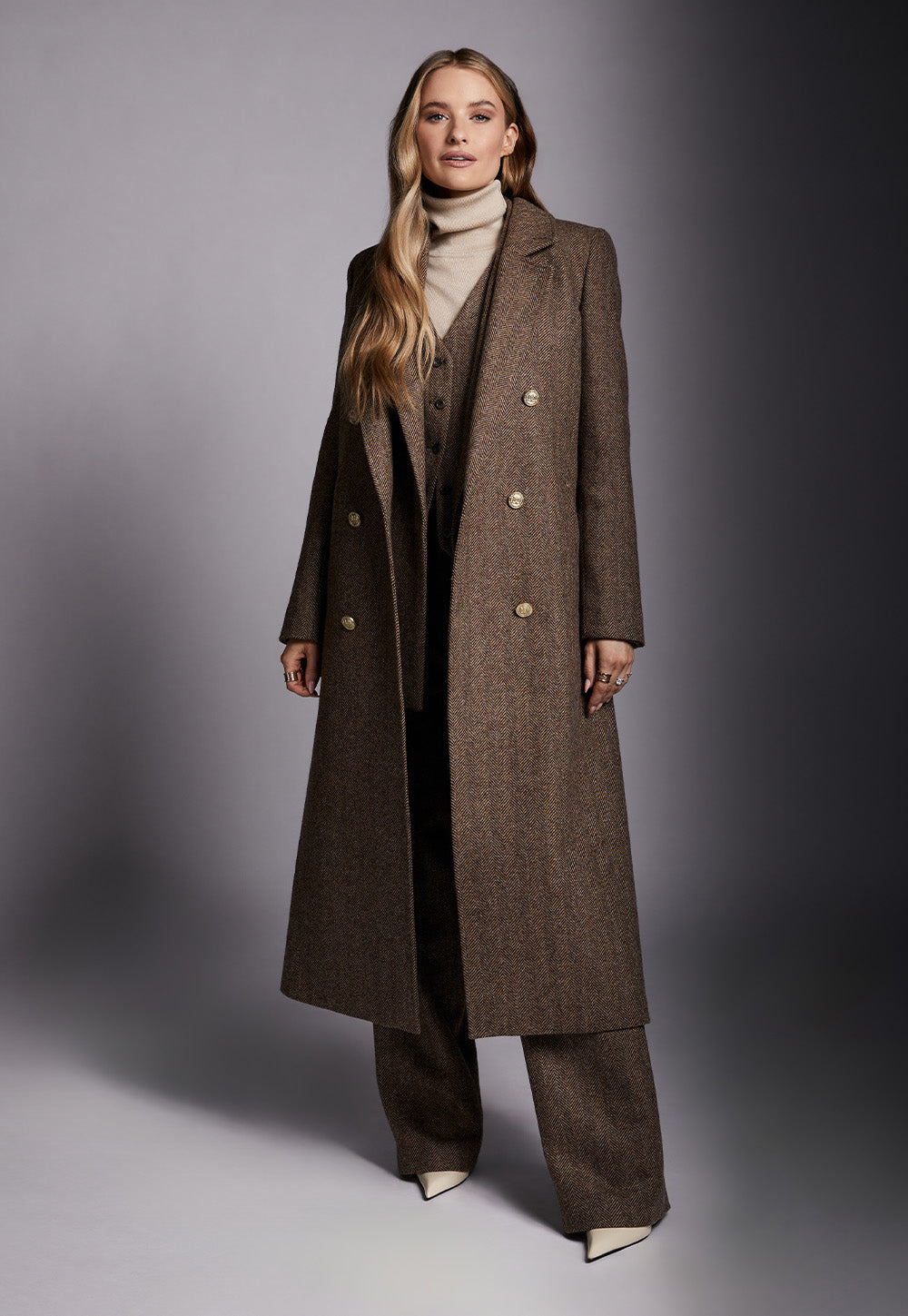 Double Breasted Coat - Large Scale Brown Herringbone