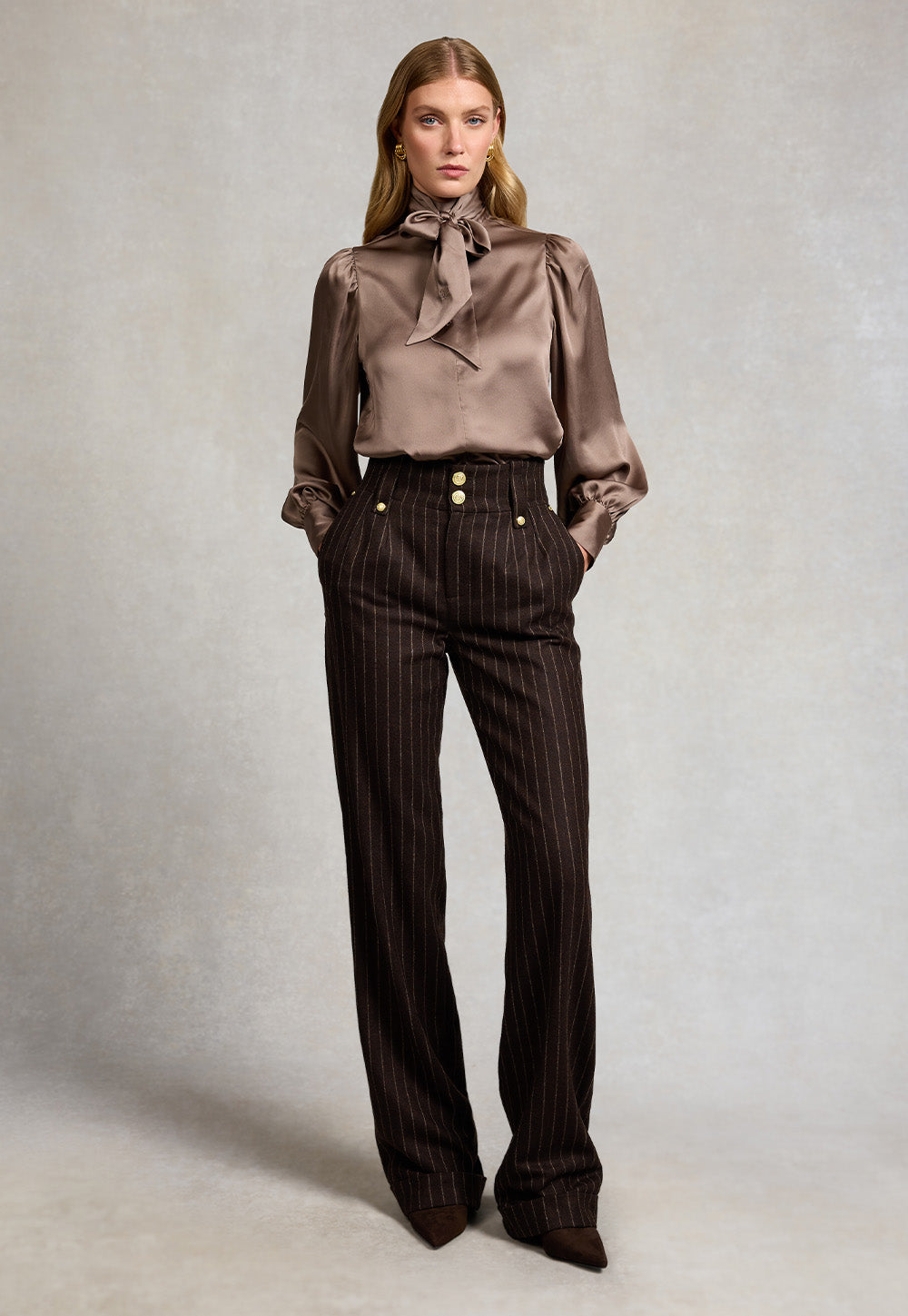 High Waisted Wide Leg Trouser - Chocolate Pinstripe