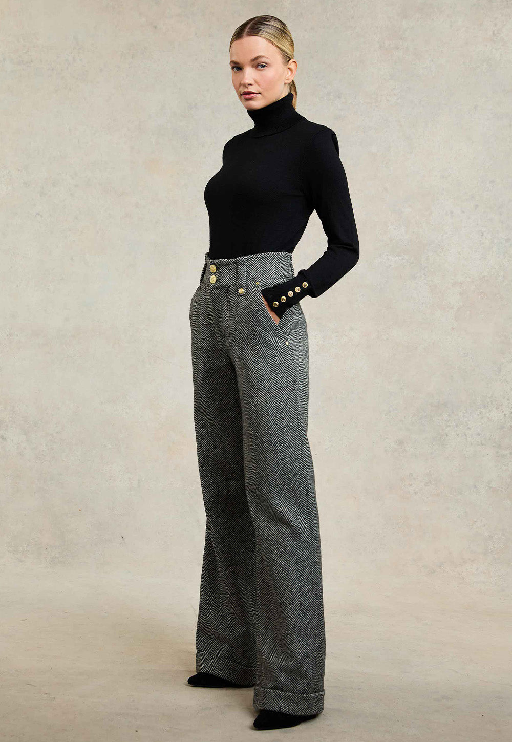 High Waisted Wide Leg Trouser - Wide Tooth Black Herringbone