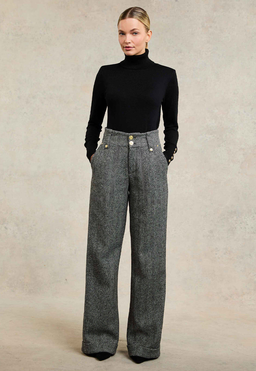 High Waisted Wide Leg Trouser - Wide Tooth Black Herringbone