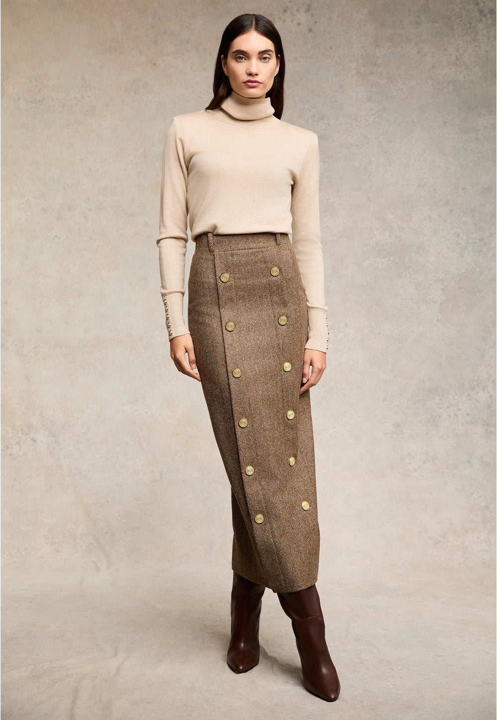 Knightsbridge Maxi Skirt - Large Scale Brown Herringbone
