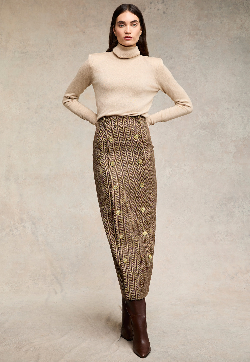 Knightsbridge Maxi Skirt - Large Scale Brown Herringbone