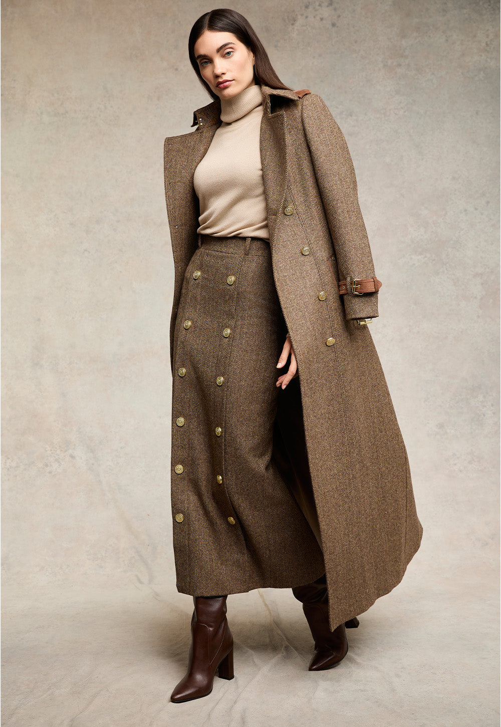 Knightsbridge Maxi Skirt - Large Scale Brown Herringbone